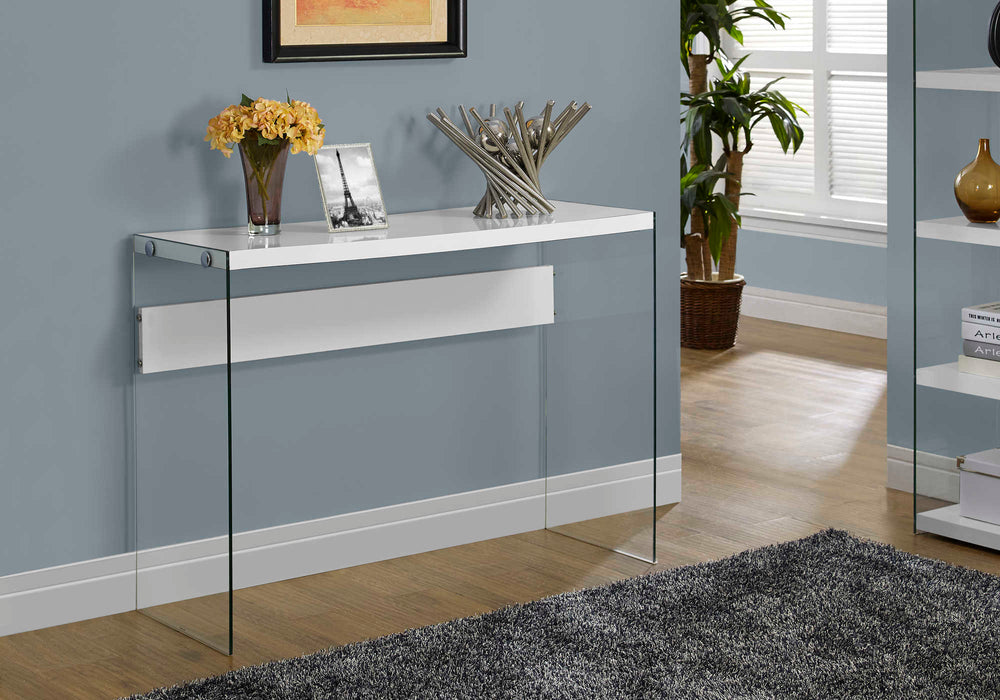 Table d'appoint – 44"L, blanc lustré, verre trempé Monarch I3288